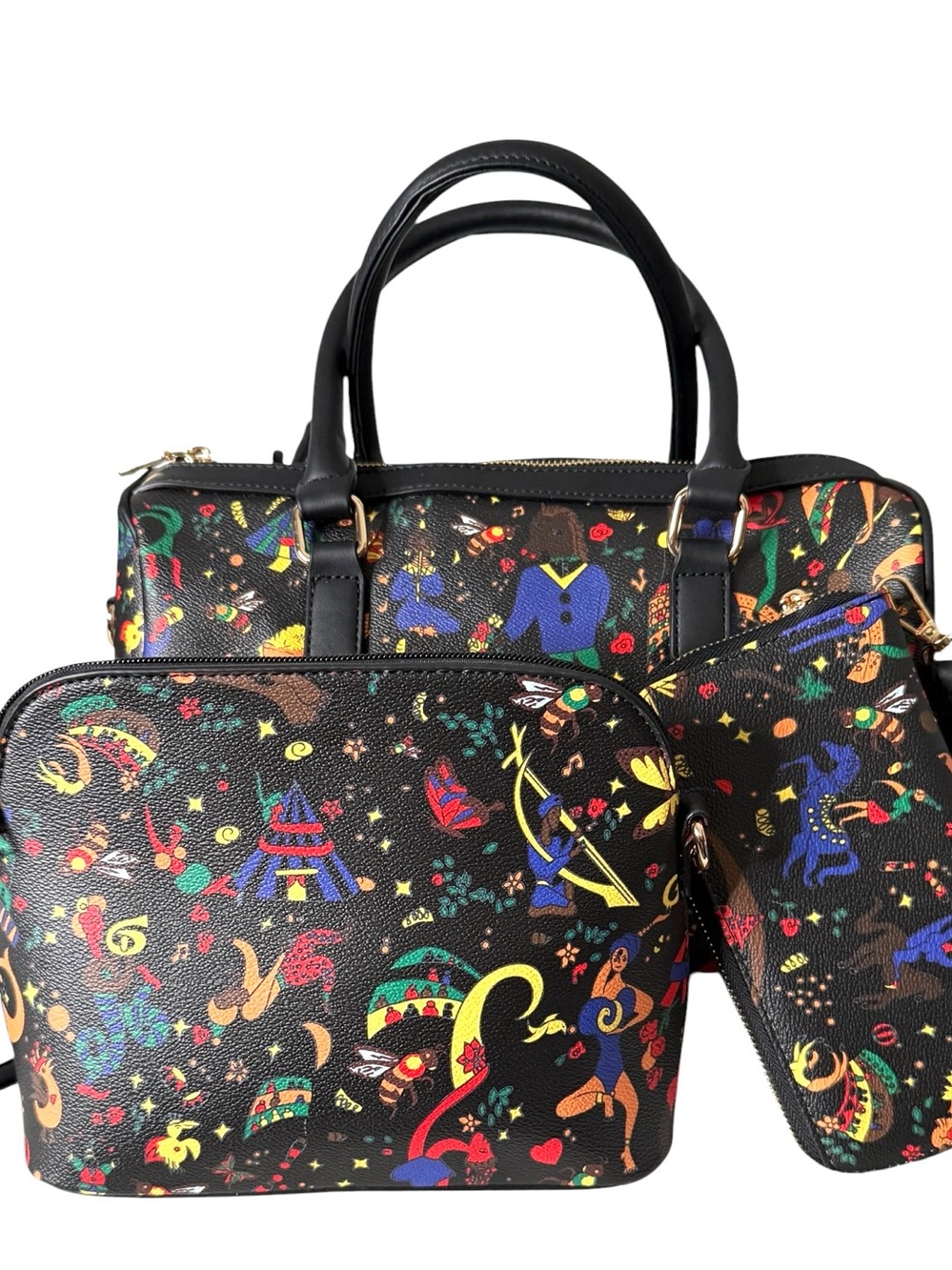 3pc Set Classic Fashion Graffiti Lg. Satchel/ X-body/Continental Wallet  - NWT